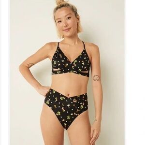 PINK bikini swimsuit size small orange lemon print high waist string top